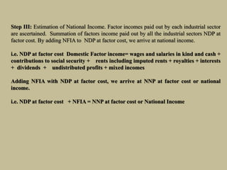 Step III: Estimation of National Income. Factor incomes paid out by each industrial sector
are ascertained. Summation of factors income paid out by all the industrial sectors NDP at
factor cost. By adding NFIA to NDP at factor cost, we arrive at national income.
i.e. NDP at factor cost Domestic Factor income= wages and salaries in kind and cash +
contributions to social security + rents including imputed rents + royalties + interests
+ dividends + undistributed profits + mixed incomes
Adding NFIA with NDP at factor cost, we arrive at NNP at factor cost or national
income.
i.e. NDP at factor cost + NFIA = NNP at factor cost or National Income
 