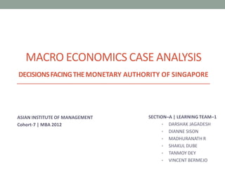 MACRO ECONOMICS CASE ANALYSIS
DECISIONS FACING THE MONETARY AUTHORITY OF SINGAPORE




ASIAN INSTITUTE OF MANAGEMENT      SECTION–A | LEARNING TEAM–1
Cohort-7 | MBA 2012                      • DARSHAK JAGADESH
                                         • DIANNE SISON
                                         • MADHURANATH R
                                         • SHAKUL DUBE
                                         • TANMOY DEY
                                         • VINCENT BERMEJO
 