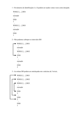 1 - Os números de identificação (1 a 3) podem ser usados varias vezes como desejado.
WHILE [.....] DO1
:
execução
:
END
1
:
WHILE [.....] DO1
:
execução
:
END
1
2 - Não podemos sobrepor os intervalos DO
WHILE [.....] DO1
:
execução
:
WHILE [.....] DO2
:
END
1
:
execução
:
END
2
3 - As rotinas DO podem ser entrelaçadas ate o máximo de 3 níveis.
WHILE [.....] DO1
:
WHILE [.....] DO2
:
WHILE [.....] DO3
:
execução
:
END
3
:
END
2
:
END
1
 