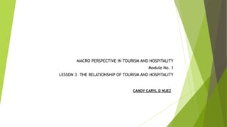 MACRO PERSPECTIVE IN TOURISM AND HOSPITALITY
Module No. 1
LESSON 3 –THE RELATIONSHIP OF TOURISM AND HOSPITALITY
CANDY CARYL D NUEZ
 