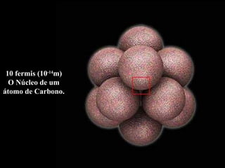 10 fermis (10 -14 m) O Núcleo de um átomo de Carbono. 