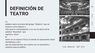 DEFINICIÓN DE
TEATRO
La
palabra teatro proviene del griego “théatron” que se
traduce como espacio o
sitio para la contemplación, a su vez se deriva de la
palabra “theasthai”, que
significa “mirar”.
El
teatro es un espacio físico en donde se representan obras
dramáticas y otro
tipo de espectáculos que cuenta con un escenario y
asientos para el público.
03
CLN., SINALOA. • SEP. 2019
 