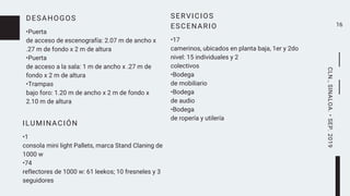 DESAHOGOS
•Puerta
de acceso de escenografía: 2.07 m de ancho x
.27 m de fondo x 2 m de altura
•Puerta
de acceso a la sala: 1 m de ancho x .27 m de
fondo x 2 m de altura
•Trampas
bajo foro: 1.20 m de ancho x 2 m de fondo x
2.10 m de altura
16
ILUMINACIÓN
•1
consola mini light Pallets, marca Stand Claning de
1000 w
•74
reflectores de 1000 w: 61 leekos; 10 fresneles y 3
seguidores
SERVICIOS
ESCENARIO
•17
camerinos, ubicados en planta baja, 1er y 2do
nivel: 15 individuales y 2
colectivos
•Bodega
de mobiliario
•Bodega
de audio
•Bodega
de ropería y utilería
CLN.,SINALOA.•SEP.2019
 