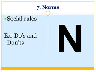 7. Norms
Social rules
Ex: Do’s and
Don’ts
 