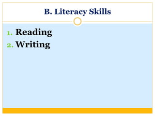 B. Literacy Skills
1. Reading
2. Writing
 