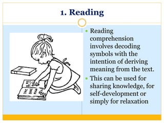1. Reading
 Reading
comprehension
involves decoding
symbols with the
intention of deriving
meaning from the text.
 This can be used for
sharing knowledge, for
self-development or
simply for relaxation
 