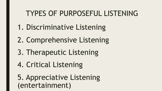 TYPES OF PURPOSEFUL LISTENING
1. Discriminative Listening
2. Comprehensive Listening
3. Therapeutic Listening
4. Critical Listening
5. Appreciative Listening
(entertainment)
 