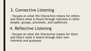 3. Connective Listening
- focuses on what the interaction means for others
and filters what is heard through interests in other
people, groups, processes, and audiences.
4. Reflective Listening
- focuses on what the interaction means for them
and filters what is heard through their own
interests and purposes.
 