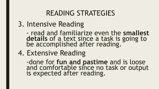 READING STRATEGIES
3. Intensive Reading
- read and familiarize even the smallest
details of a text since a task is going to
be accomplished after reading.
4. Extensive Reading
-done for fun and pastime and is loose
and comfortable since no task or output
is expected after reading.
 