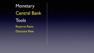 Monetary
Central Bank
Tools
Reserve Ratio
Discount Rate
 