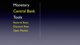 Monetary
Central Bank
Tools
Reserve Ratio
Discount Rate
Open Market
 