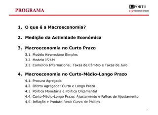 PROGRAMA
1. O que é a Macroeconomia?
2. Medição da Actividade Económica
3. Macroeconomia no Curto Prazo
3.1. Modelo Keynesiano Simples
3.2. Modelo IS-LM
3.3. Comércio Internacional, Taxas de Câmbio e Taxas de Juro
4. Macroeconomia no Curto-Médio-Longo Prazo
4.1. Procura Agregada
4.2. Oferta Agregada: Curto e Longo Prazo
4.3. Política Monetária e Política Orçamental
4.4. Curto-Médio-Longo Prazo: Ajustamento e Falhas de Ajustamento
4.5. Inflação e Produto Real: Curva de Phillips
3
 
