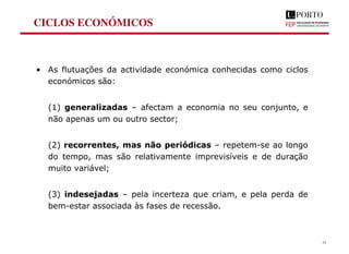 CICLOS ECONÓMICOS
• As flutuações da actividade económica conhecidas como ciclos
económicos são:
(1) generalizadas – afectam a economia no seu conjunto, e
não apenas um ou outro sector;
(2) recorrentes, mas não periódicas – repetem-se ao longo
do tempo, mas são relativamente imprevisíveis e de duração
muito variável;
(3) indesejadas – pela incerteza que criam, e pela perda de
bem-estar associada às fases de recessão.
31
 