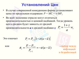 Установлений Цен В случае совершенной конкуренции   фирмы устанавливают цены по предельным издержкам :  P = MC = w/MP L   Во всей экономике   отрасли могут отличаться производительностью и ценовой надбавкой .  Тогда уровень цен в среднем   будет зависеть от   средней производительности   a   и средней надбавки   z : Это означает или   -  выбор   между инфляцией   и безработицей 