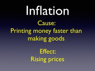 Inﬂation
Cause:
Printing money faster than
making goods
Effect:
Rising prices
 