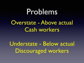 Problems
Overstate - Above actual
Cash workers
Understate - Below actual
Discouraged workers
 