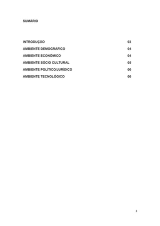 2
SUMÁRIO
INTRODUÇÃO 03
AMBIENTE DEMOGRÁFICO 04
AMBIENTE ECONÔMICO 04
AMBIENTE SÓCIO CULTURAL 05
AMBIENTE POLÍTICO/JURÍDICO 06
AMBIENTE TECNOLÓGICO 06
 