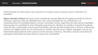 PESTEL .:. Exemplos > SOCIOCULTURAIS NINO CARVALHO
Particularidades de cada cultura, seus costumes e a maneira como as pessoas vivem e coexistem em
sociedade.
Alguns exemplos incluem: barreiras sociais à adoção da internet (falta de percepção de benefício, falta de
confiança, segurança, falta de habilidade para usar, custo), facilidade de uso, preferências e os
comportamentos da sociedade (valores, crenças, instituições sociais, expectativa de vida, taxa de natalidade,
Preocupação com qualidade de vida, Alterações populacionais, Atitudes em relação à inovação de produtos,
Estilo de vida), customização cultural (particularidades culturais de determinado país ou mesmo as diferenças
culturais em regiões dentro de um mesmo país ou estado), exclusão social / digital, linguagem, tom de voz,
tratamento/relacionamento entre pessoas e entre pessoas e empresas. Tamanho e taxa de crescimento da
população, distribuição das faixas etárias e do grau de escolaridade.
 