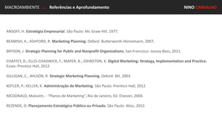 MACROAMBIENTE .:. Referências e Aprofundamento NINO CARVALHO
ANSOFF, H. Estratégia Empresarial. São Paulo: Mc Graw-Hill, 1977.
BEAMISH, K.; ASHFORD, R. Marketing Planning. Oxford: Butterworth-Heinemann, 2007.
BRYSON, J. Strategic Planning for Public and Nonprofit Organizations. San Francisco: Jossey-Bass, 2011.
CHAFFEY, D.; ELLIS-CHADWICK, F.; MAYER, R.; JOHNSTON, K. Digital Marketing: Strategy, Implementation and Practice.
Essex: Prentice Hall, 2012.
GILLIGAN, C., WILSON, R. Strategic Marketing Planning. Oxford: BH, 2003.
KOTLER, P.; KELLER, K. Administração de Marketing. São Paulo: Prentice-Hall, 2012.
MCDONALD, Malcolm, - “Planos de Marketing”, Rio de Janeiro, Ed. Elsevier, 2004.
REZENDE, D. Planejamento Estratégico Público ou Privado. São Paulo: Atlas, 2012.
 