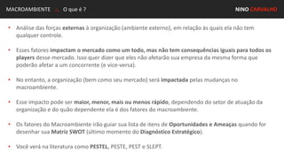 MACROAMBIENTE .:. O que é ? NINO CARVALHO
• Análise das forças externas à organização (ambiente externo), em relação às quais ela não tem
qualquer controle.
• Esses fatores impactam o mercado como um todo, mas não tem consequências iguais para todos os
players desse mercado. Isso quer dizer que eles não afetarão sua empresa da mesma forma que
poderão afetar a um concorrente (e vice-versa).
• No entanto, a organização (bem como seu mercado) será impactada pelas mudanças no
macroambiente.
• Esse impacto pode ser maior, menor, mais ou menos rápido, dependendo do setor de atuação da
organização e do quão dependente ela é dos fatores do macroambiente.
• Os fatores do Macroambiente irão guiar sua lista de itens de Oportunidades e Ameaças quando for
desenhar sua Matriz SWOT (último momento do Diagnóstico Estratégico).
• Você verá na literatura como PESTEL, PESTE, PEST e SLEPT.
 