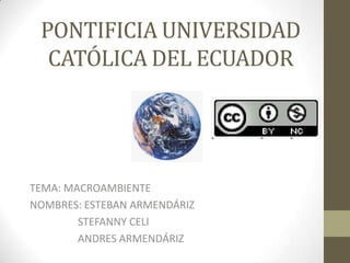 PONTIFICIA UNIVERSIDAD
CATÓLICA DEL ECUADOR
TEMA: MACROAMBIENTE
NOMBRES: ESTEBAN ARMENDÁRIZ
STEFANNY CELI
ANDRES ARMENDÁRIZ
 