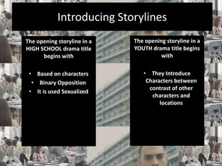 Introducing Storylines 
The opening storyline in a 
HIGH SCHOOL drama title 
begins with 
• Based on characters 
• Binary ...