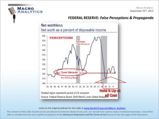 Macro Analytics
                                                                                                                          September 25th, 2012

                                                            FEDERAL RESERVE: False Perceptions & Propaganda




                                 Listen to the original podcast for this slide at www.GordonTLong.com/Macro_Analytics
The content of this slide should not be considered investment advice of any sort, nor should it be used to make investment decisions. Use of this
slide is considered to be your explicit acceptance of the Disclosure Statement and the Terms of Use found on the last page of this document.
 
