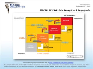 Macro Analytics
                                                                                                                          September 25th, 2012

                                                            FEDERAL RESERVE: False Perceptions & Propaganda




                                 Listen to the original podcast for this slide at www.GordonTLong.com/Macro_Analytics
The content of this slide should not be considered investment advice of any sort, nor should it be used to make investment decisions. Use of this
slide is considered to be your explicit acceptance of the Disclosure Statement and the Terms of Use found on the last page of this document.
 