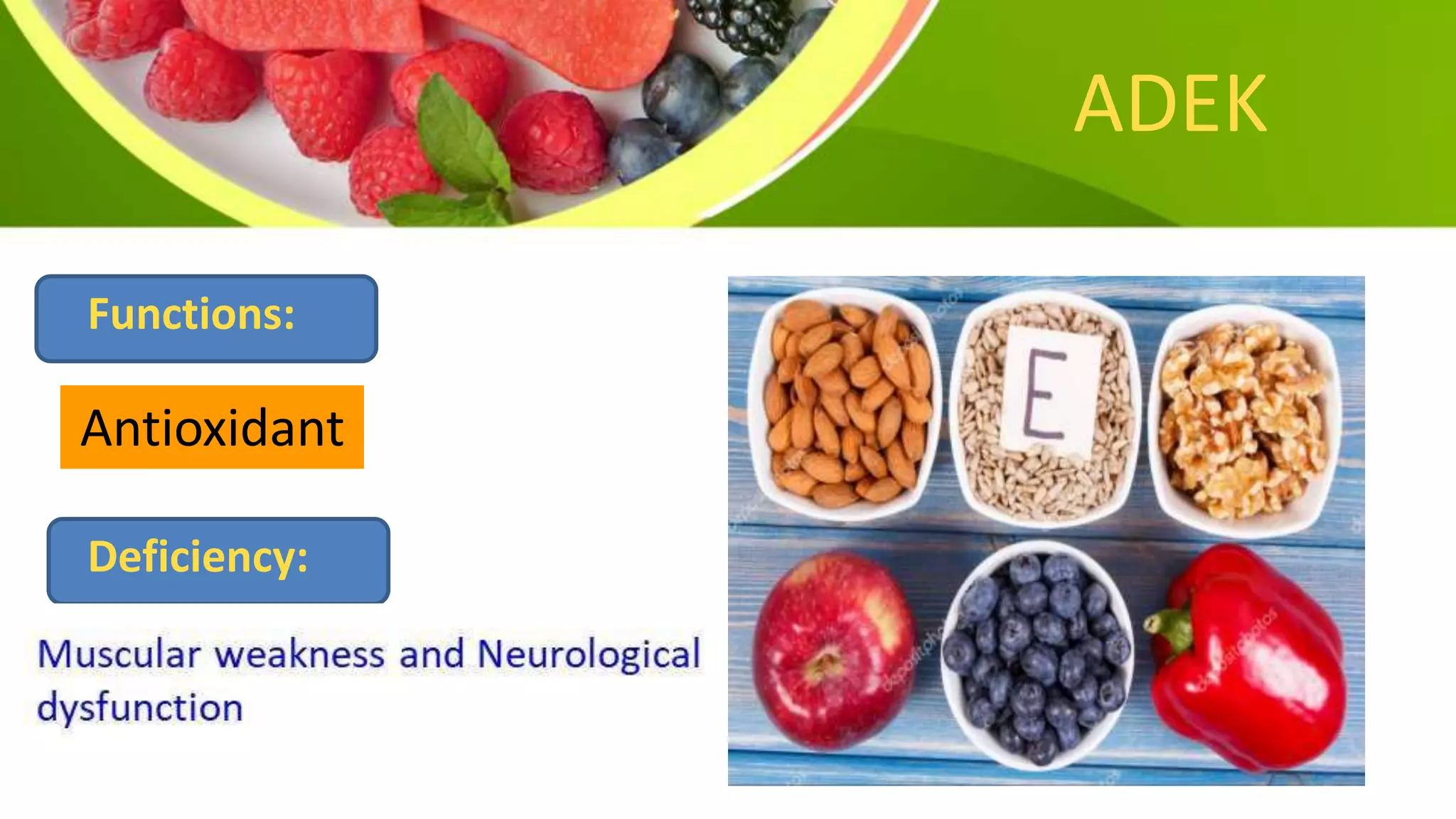 ADEK
Functions:
Antioxidant
Deficiency:
 