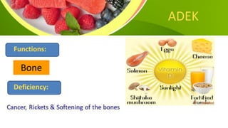 ADEK
Functions:
Bone
Deficiency:
 