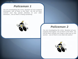 Policeman 1
You are investigating the crime. Question all your suspects
thoroughly; one of them is the thief… Do not let them
confuse you! Pay special attention to your older
witnesses… one of them is hiding something




                                                                         Policeman 2
                                                              You are investigating the crime. Question all your
                                                              suspects thoroughly; one of them is the thief… Do
                                                              not let them confuse you! Keep a close eye on the
                                                              women… one of them is not what she seems!
 
