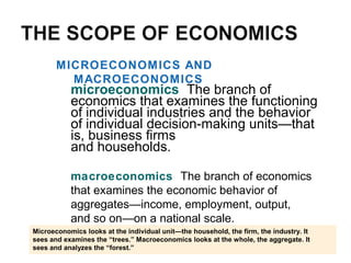 microeconomics The branch of
economics that examines the functioning
of individual industries and the behavior
of individual decision-making units—that
is, business firms
and households.
MICROECONOMICS AND
MACROECONOMICS
macroeconomics The branch of economics
that examines the economic behavior of
aggregates—income, employment, output,
and so on—on a national scale.
Microeconomics looks at the individual unit—the household, the firm, the industry. It
sees and examines the “trees.” Macroeconomics looks at the whole, the aggregate. It
sees and analyzes the “forest.”
 