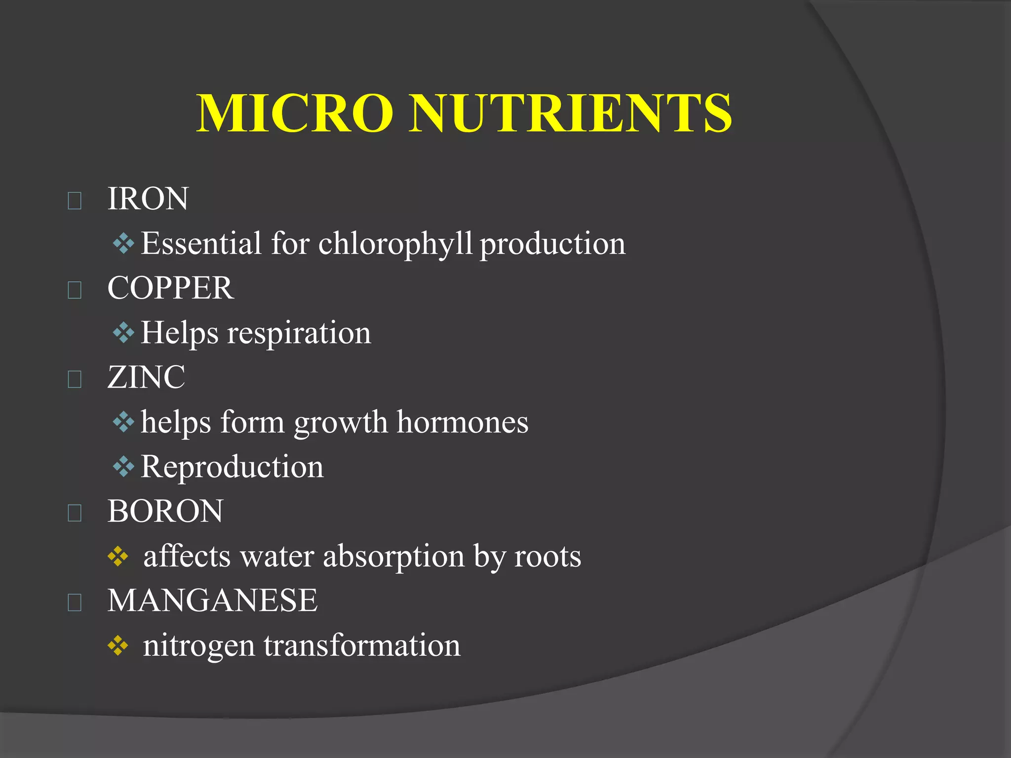 Macro and micro nutrients in soil