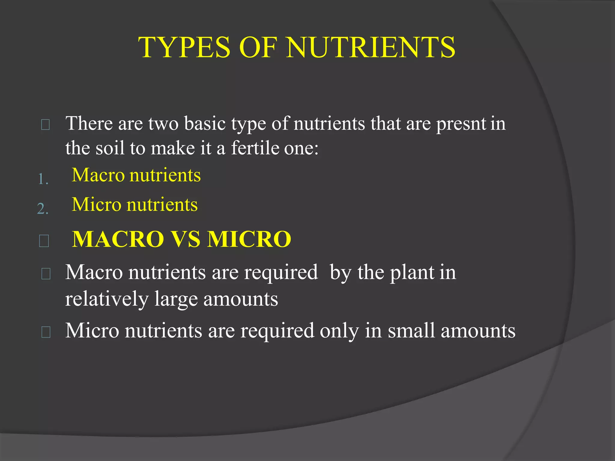 Macro and micro nutrients in soil
