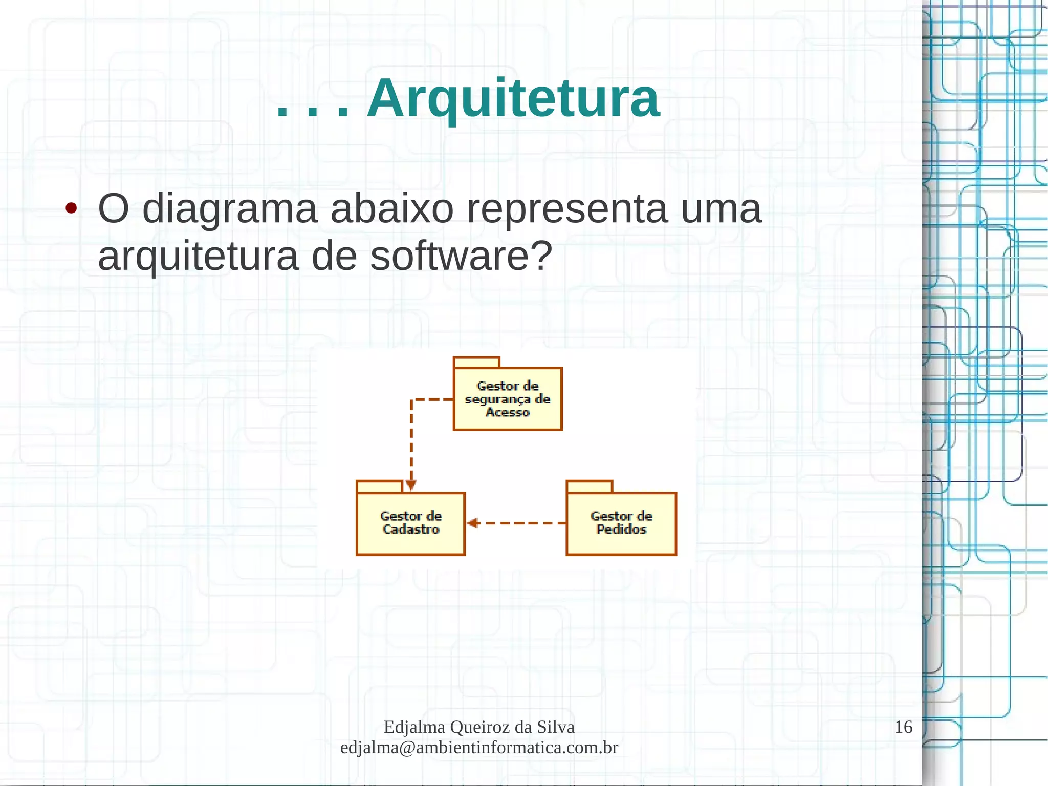 Edjalma Queiroz da Silva
edjalma@ambientinformatica.com.br
16
. . . Arquitetura
● O diagrama abaixo representa uma
arquitetura de software?
 