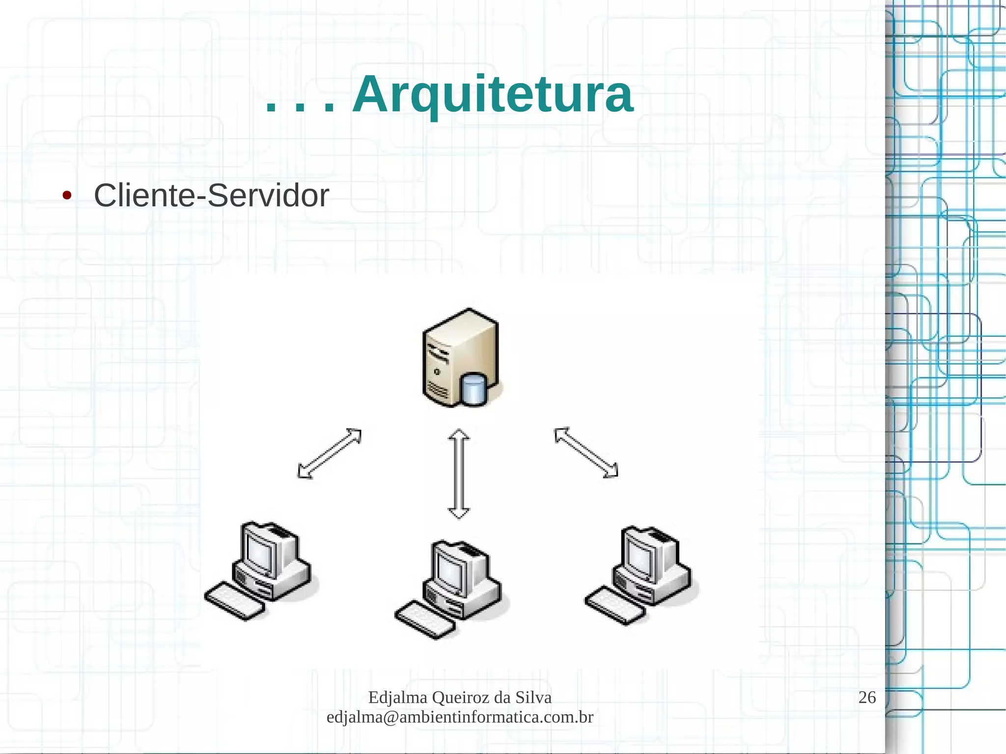 Edjalma Queiroz da Silva
edjalma@ambientinformatica.com.br
26
. . . Arquitetura
● Cliente-Servidor
 