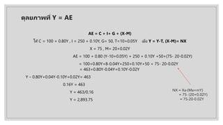 ดุลยภาพที่ Y = AE
AE = C + I+ G + (X-M)
ให้ C = 100 + 0.80Y , I = 250 + 0.10Y, G= 50, T=10+0.05Y เมื่อ Y = Y-T, (X-M)= NX
...
