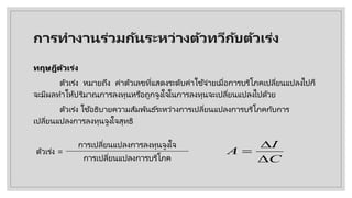 การทํางานร่วมกันระหว่างตัวทวีกับตัวเร่ง
ทฤษฎีตัวเร่ง
ตัวเร่ง หมายถึง ค่าตัวเลขที่แสดงระดับค่าใช้จ่ายเมื่อการบริโภคเปลี่ยนแปลงไปก็
จะมีผลทําให้ปริมาณการลงทุนหรือถูกจูงใจในการลงทุนจะเปลี่ยนแปลงไปด้วย
ตัวเร่ง ใช้อธิบายความสัมพันธ์ระหว่างการเปลี่ยนแปลงการบริโภคกับการ
เปลี่ยนแปลงการลงทุนจูงใจสุทธิ
ตัวเร่ง =
การเปลี่ยนแปลงการลงทุนจูงใจ
การเปลี่ยนแปลงการบริโภค C
I
A
∆
∆
=
 