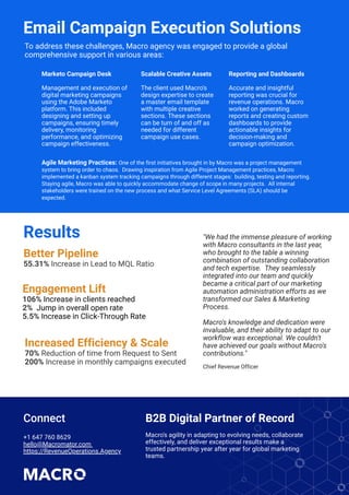 "We had the immense pleasure of working
with Macro consultants in the last year,
who brought to the table a winning
combination of outstanding collaboration
and tech expertise. They seamlessly
integrated into our team and quickly
became a critical part of our marketing
automation administration efforts as we
transformed our Sales & Marketing
Process.
Macro's knowledge and dedication were
invaluable, and their ability to adapt to our
workflow was exceptional. We couldn't
have achieved our goals without Macro's
contributions."
Chief Revenue Officer
Connect
+1 647 760 8629
hello@Macromator.com
https://RevenueOperations.Agency
Email Campaign Execution Solutions
To address these challenges, Macro agency was engaged to provide a global
comprehensive support in various areas:
B2B Digital Partner of Record
Macro's agility in adapting to evolving needs, collaborate
effectively, and deliver exceptional results make a
trusted partnership year after year for global marketing
teams.
Marketo Campaign Desk
Management and execution of
digital marketing campaigns
using the Adobe Marketo
platform. This included
designing and setting up
campaigns, ensuring timely
delivery, monitoring
performance, and optimizing
campaign effectiveness.
Scalable Creative Assets
The client used Macro's
design expertise to create
a master email template
with multiple creative
sections. These sections
can be turn of and off as
needed for different
campaign use cases.
Reporting and Dashboards
Accurate and insightful
reporting was crucial for
revenue operations. Macro
worked on generating
reports and creating custom
dashboards to provide
actionable insights for
decision-making and
campaign optimization.
Agile Marketing Practices: One of the first initiatives brought in by Macro was a project management
system to bring order to chaos. Drawing inspiration from Agile Project Management practices, Macro
implemented a kanban system tracking campaigns through different stages: building, testing and reporting.
Staying agile, Macro was able to quickly accommodate change of scope in many projects. All internal
stakeholders were trained on the new process and what Service Level Agreements (SLA) should be
expected.
Results
Better Pipeline
55.31% Increase in Lead to MQL Ratio
Increased Efficiency & Scale
70% Reduction of time from Request to Sent
200% Increase in monthly campaigns executed
Engagement Lift
106% Increase in clients reached
2% Jump in overall open rate
5.5% Increase in Click-Through Rate
 