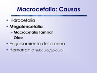 Macrocefalia: Causas
• Hidrocefalia
• Megalencefalia
– Macrocefalia familiar
– Otras
• Engrosamiento del cráneo
• Hemorragia Subdural/Epidural
 