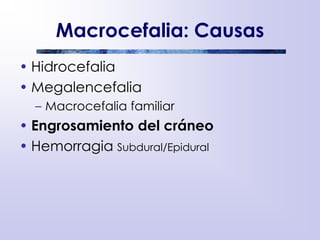Macrocefalia: Causas
• Hidrocefalia
• Megalencefalia
– Macrocefalia familiar
• Engrosamiento del cráneo
• Hemorragia Subdural/Epidural
 