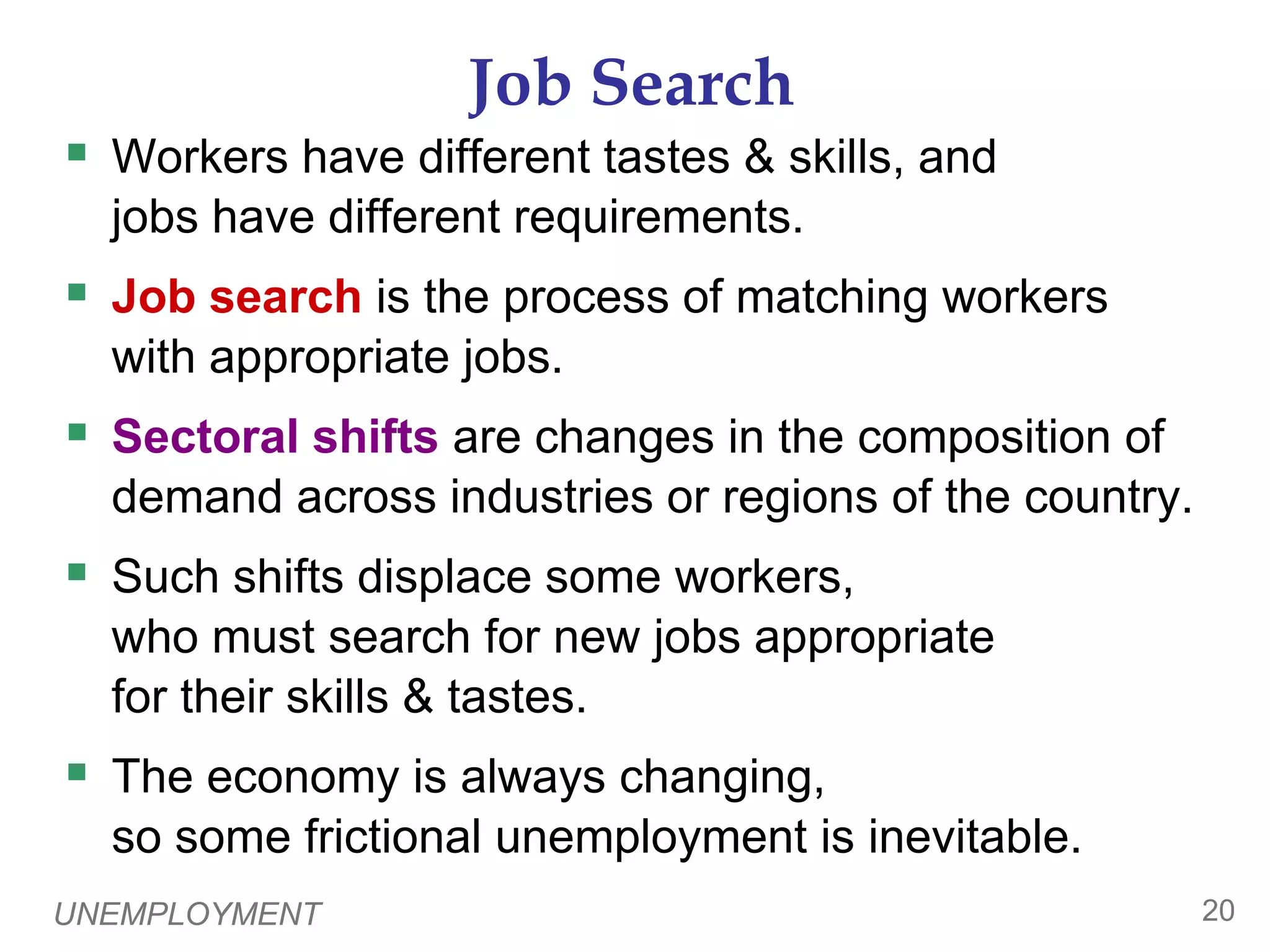 UNEMPLOYMENT19Explaining the Natural Rate:  An OverviewEven when the economy is doing well, there is always some unemployment, including:Frictional unemploymentoccurs when workers spend time searching for the jobs that best suit their skills and tastesshort-term for most workersStructural unemploymentoccurs when there are fewer jobs than workersusually longer-term0