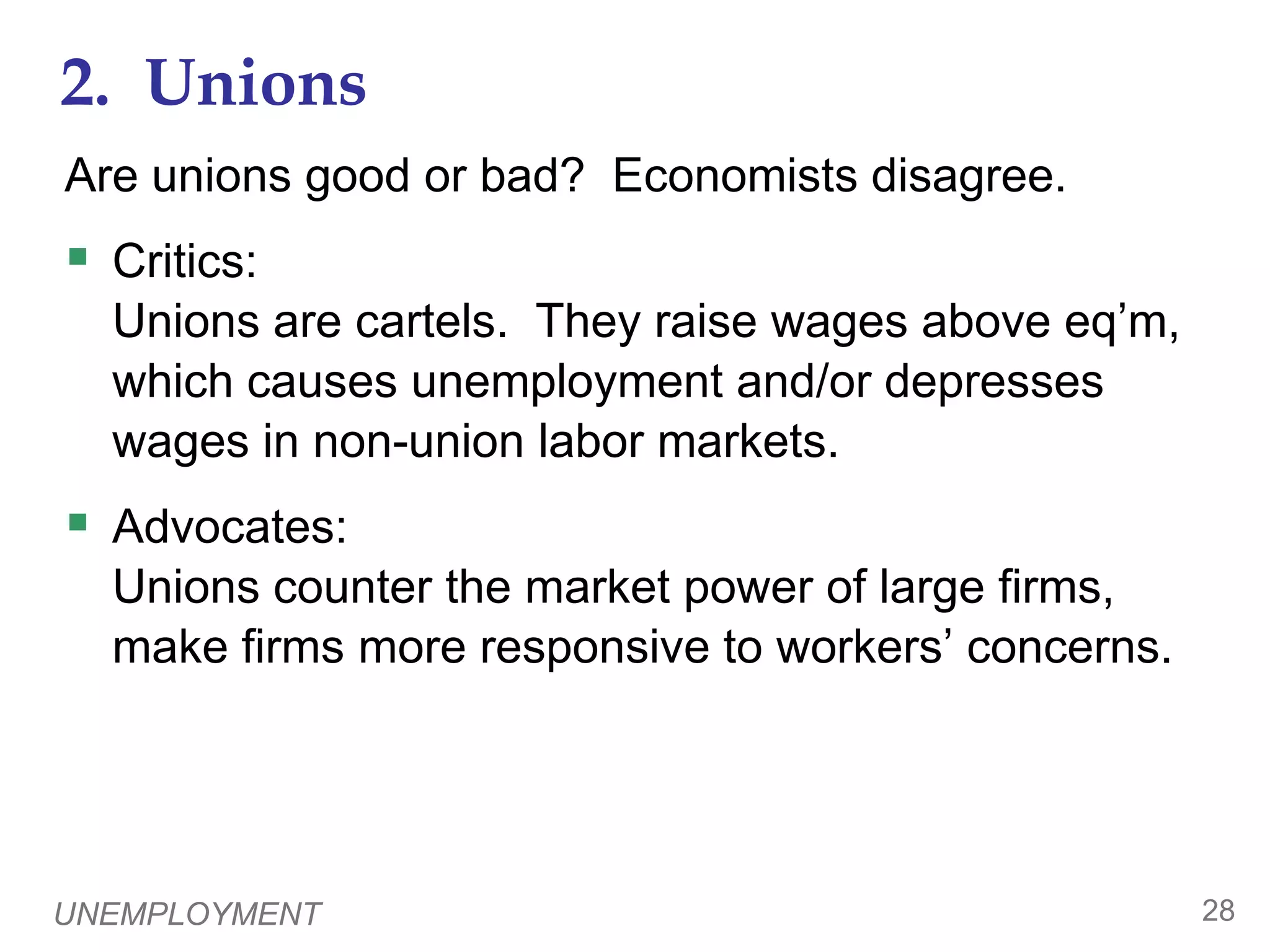 UNEMPLOYMENT272.  Unions0When unions raise the wage above eq’m, quantity of labor demanded falls and unemployment results.  “Insiders” – workers who remain employed, they are better off“Outsiders” – workers who lose their jobs, they are worse offSome outsiders go to non-unionized labor markets, which increases labor supply and reduces wages in those markets. 