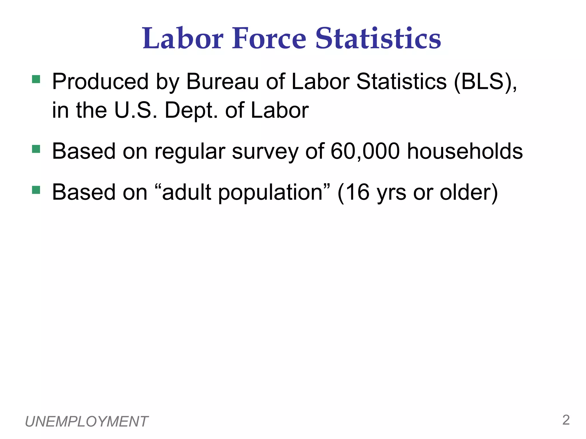UNEMPLOYMENT2Labor Force StatisticsProduced by Bureau of Labor Statistics (BLS), in the U.S. Dept. of Labor  Based on regular survey of 60,000 householdsBased on “adult population” (16 yrs or older)0