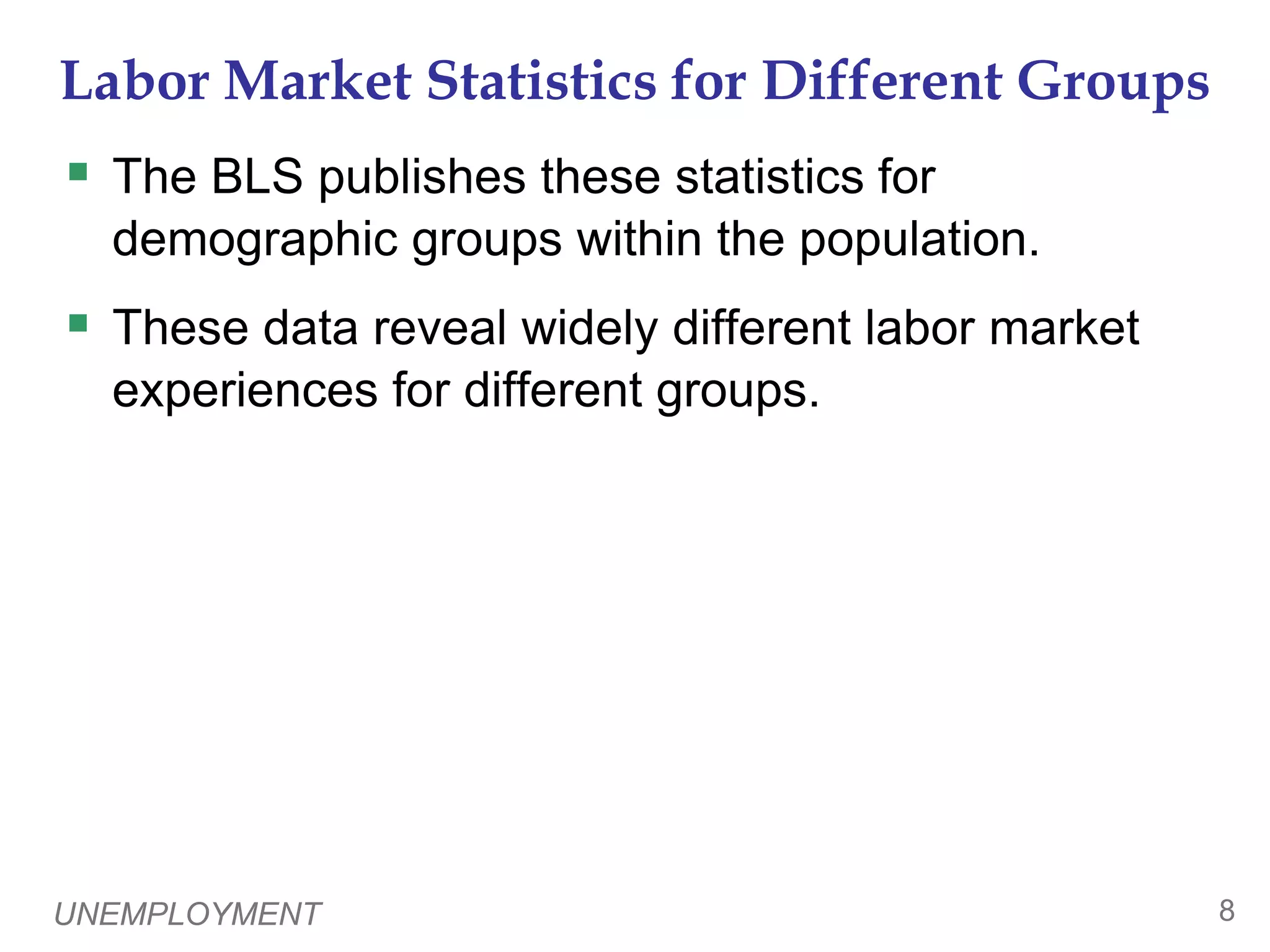 UNEMPLOYMENT8Labor Market Statistics for Different GroupsThe BLS publishes these statistics for demographic groups within the population. These data reveal widely different labor market experiences for different groups.  0