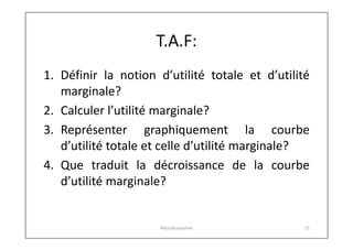 T.A.F:
1. Définir la notion d’utilité totale et d’utilité
marginale?
2. Calculer l’utilité marginale?
3. Représenter graphiquement la courbe
d’utilité totale et celle d’utilité marginale?
4. Que traduit la décroissance de la courbe
d’utilité marginale?

Microéconomie

15

 