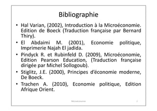 Bibliographie
• Hal Varian, (2002), Introduction à la Microéconomie.
Edition de Boeck (Traduction française par Bernard
Thiry).
• El Abdaimi M. (2001), Economie politique,
Imprimerie Najah El jadida.
• Pindyck R. et Rubinfeld D. (2009), Microéconomie,
Edition Pearson Education, (Traduction française
dirigée par Michel Sollogoub).
• Stiglitz, J.E. (2000), Principes d’économie moderne,
De Boeck.
• Trachen A. (2010), Economie politique, Edition
Afrique Orient.
Microéconomie

2

 