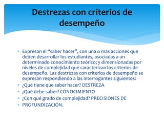  Expresan el “saber hacer”, con una o más acciones que
deben desarrollar los estudiantes, asociadas a un
determinado conocimiento teórico; y dimensionadas por
niveles de complejidad que caracterizan los criterios de
desempeño. Las destrezas con criterios de desempeño se
expresan respondiendo a las interrogantes siguientes:
 ¿Qué tiene que saber hacer? DESTREZA
 ¿Qué debe saber? CONOCIMIENTO
 ¿Con qué grado de complejidad? PRECISIONES DE
 PROFUNDIZACIÓN.
Destrezas con criterios de
desempeño
 