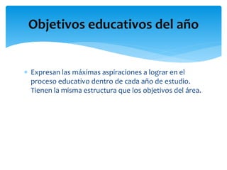  Expresan las máximas aspiraciones a lograr en el
proceso educativo dentro de cada año de estudio.
Tienen la misma estructura que los objetivos del área.
Objetivos educativos del año
 