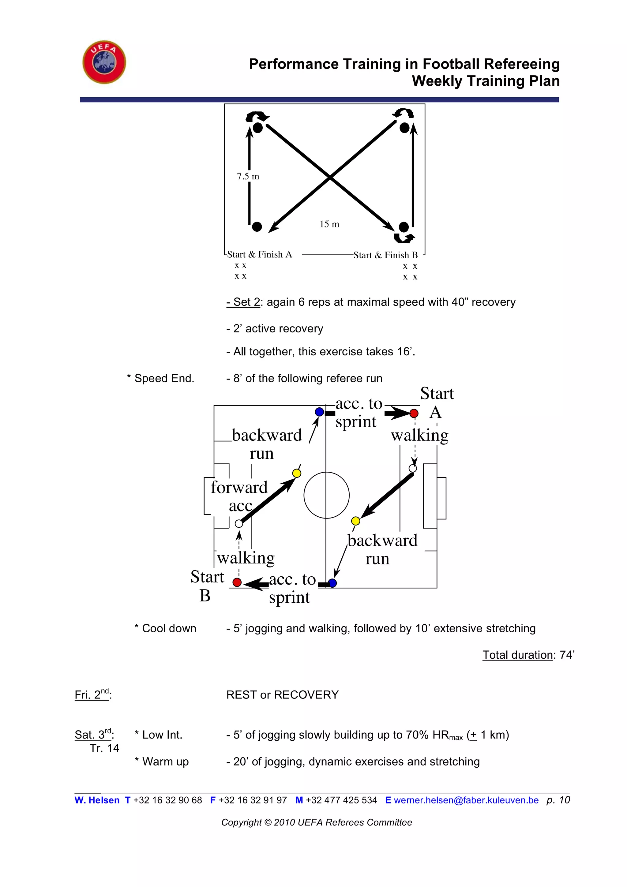Performance Training in Football Refereeing
                                                           Weekly Training Plan




                                  7.5 m



                                                   15 m


                                Start & Finish A           Start & Finish B
                                  xx                       !            x x
                                  xx                        !           x x

                                - Set 2: again 6 reps at maximal speed with 40” recovery

                                - 2’ active recovery

                                - All together, this exercise takes 16’.

            * Speed End.        - 8’ of the following referee run
                                                                       Start
                                                       acc. to           A
                                                       sprint
                                 backward                           walking
                                   run
                            forward
                               acc
                                                          backward
                              walking                       run
                          Start     acc. to
                           B        sprint
             * Cool down        - 5’ jogging and walking, followed by 10’ extensive stretching

                                                                                      Total duration: 74’


Fri. 2nd:                       REST or RECOVERY


Sat. 3rd:    * Low Int.         - 5’ of jogging slowly building up to 70% HRmax (+ 1 km)
  Tr. 14
             * Warm up          - 20’ of jogging, dynamic exercises and stretching

_________________________________________________________________________________________________________
W. Helsen T +32 16 32 90 68 F +32 16 32 91 97 M +32 477 425 534 E werner.helsen@faber.kuleuven.be p. 10

                               Copyright © 2010 UEFA Referees Committee
 